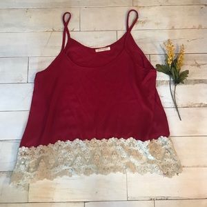 Maroon with cream lace polyester tank blouse